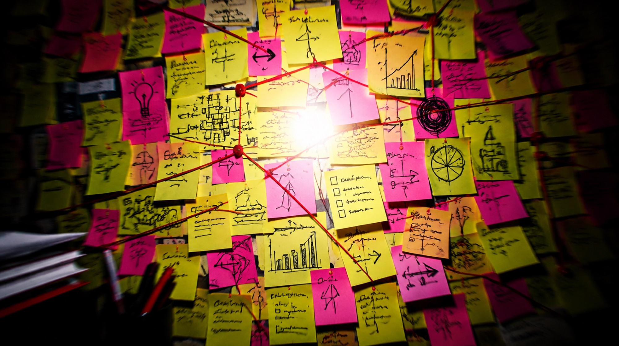 An office wall covered edge to edge in overlapping sticky notes, arrows and string.