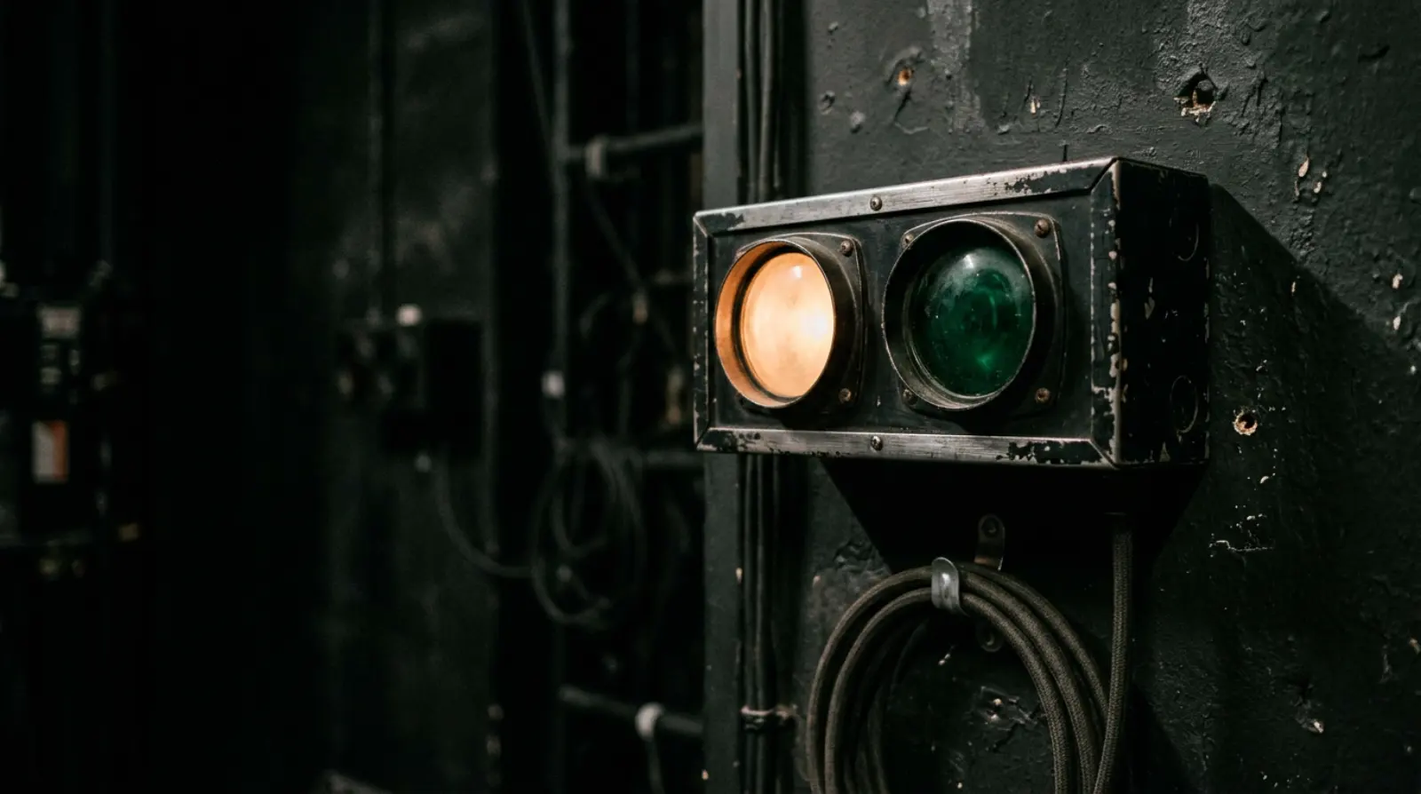 A theatre cue-light box on a backstage wall, the amber lamp lit and the green lamp waiting.